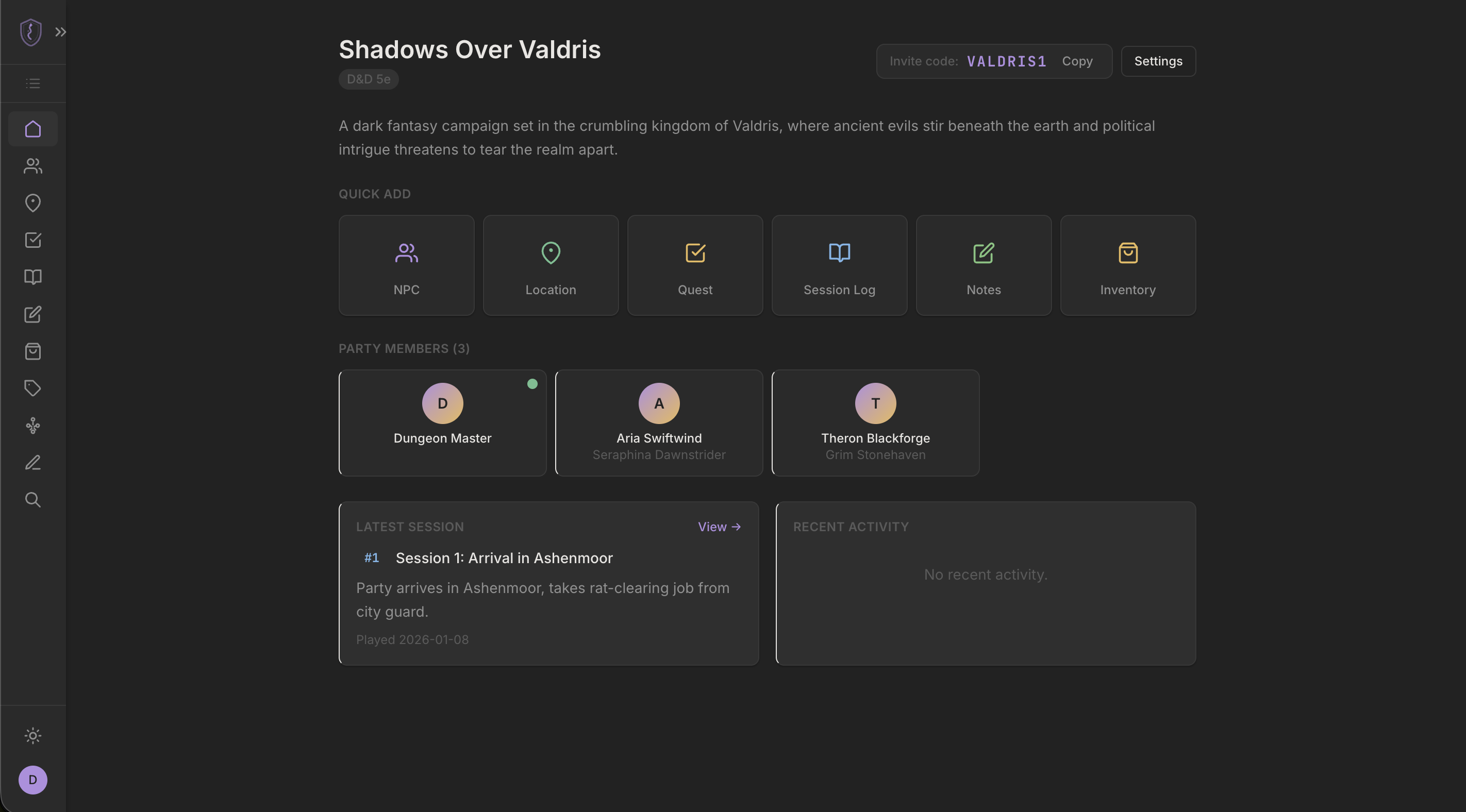 QuestLog campaign dashboard showing party members, quick-add actions, and latest session