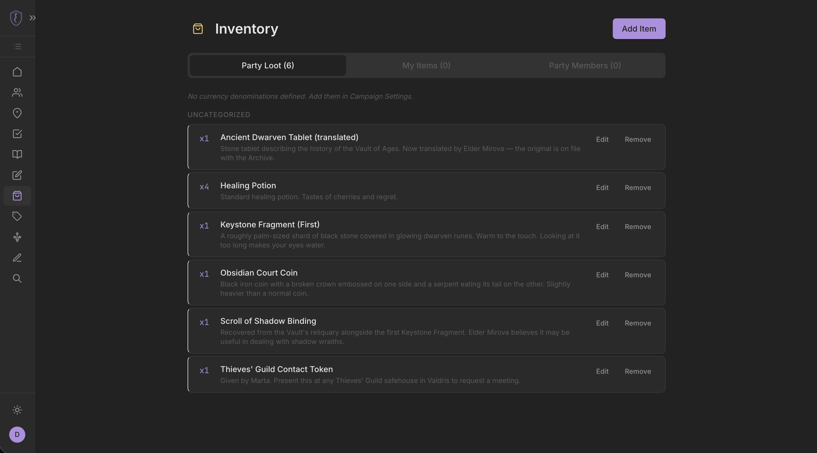 Inventory view showing party items and currency