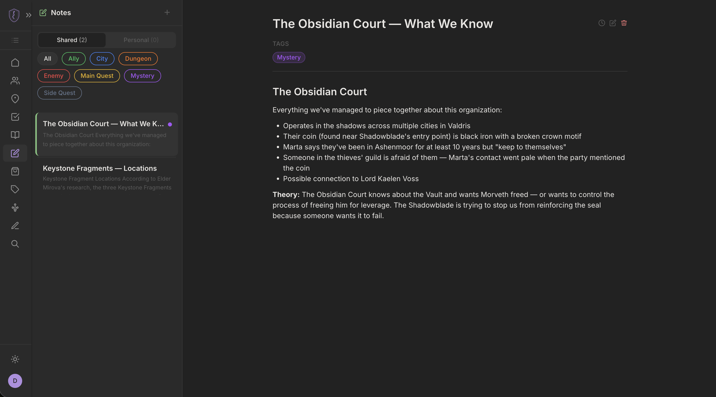 Note detail showing The Obsidian Court with rich text and tag