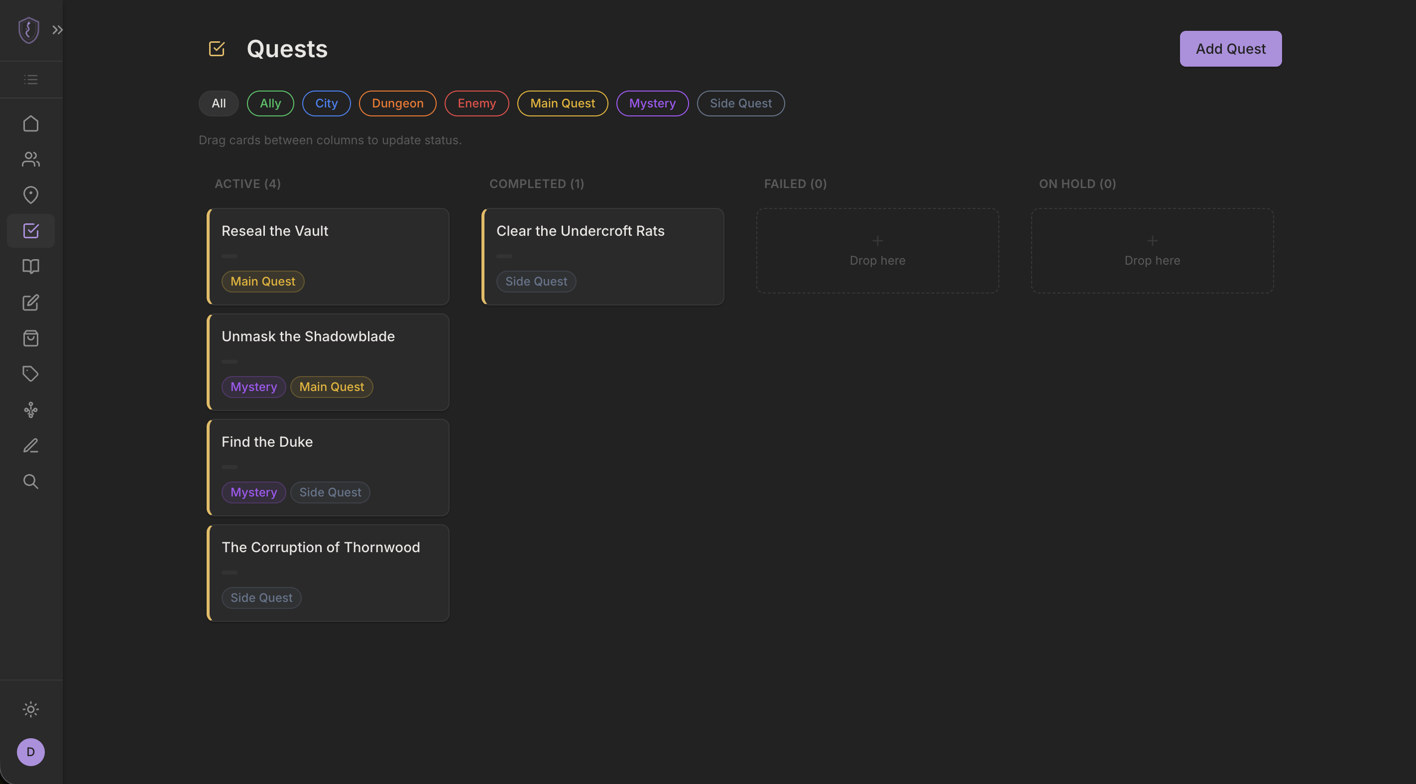 Quest kanban board showing active, completed, and failed columns