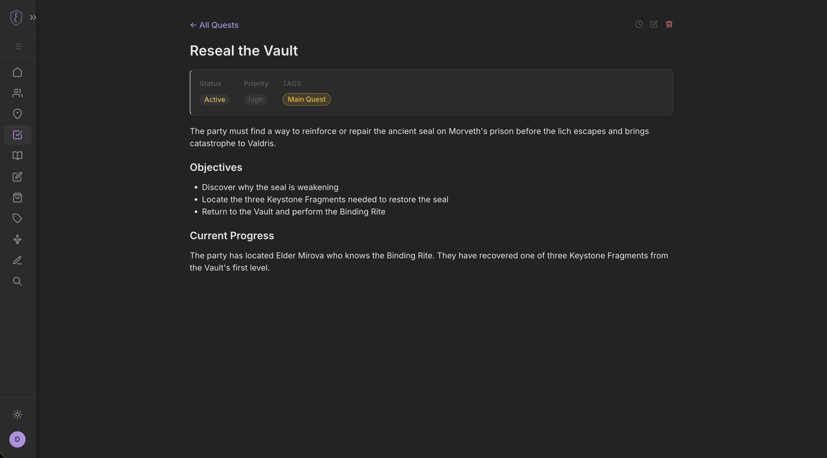 Quest detail for Reseal the Vault showing objectives and current progress