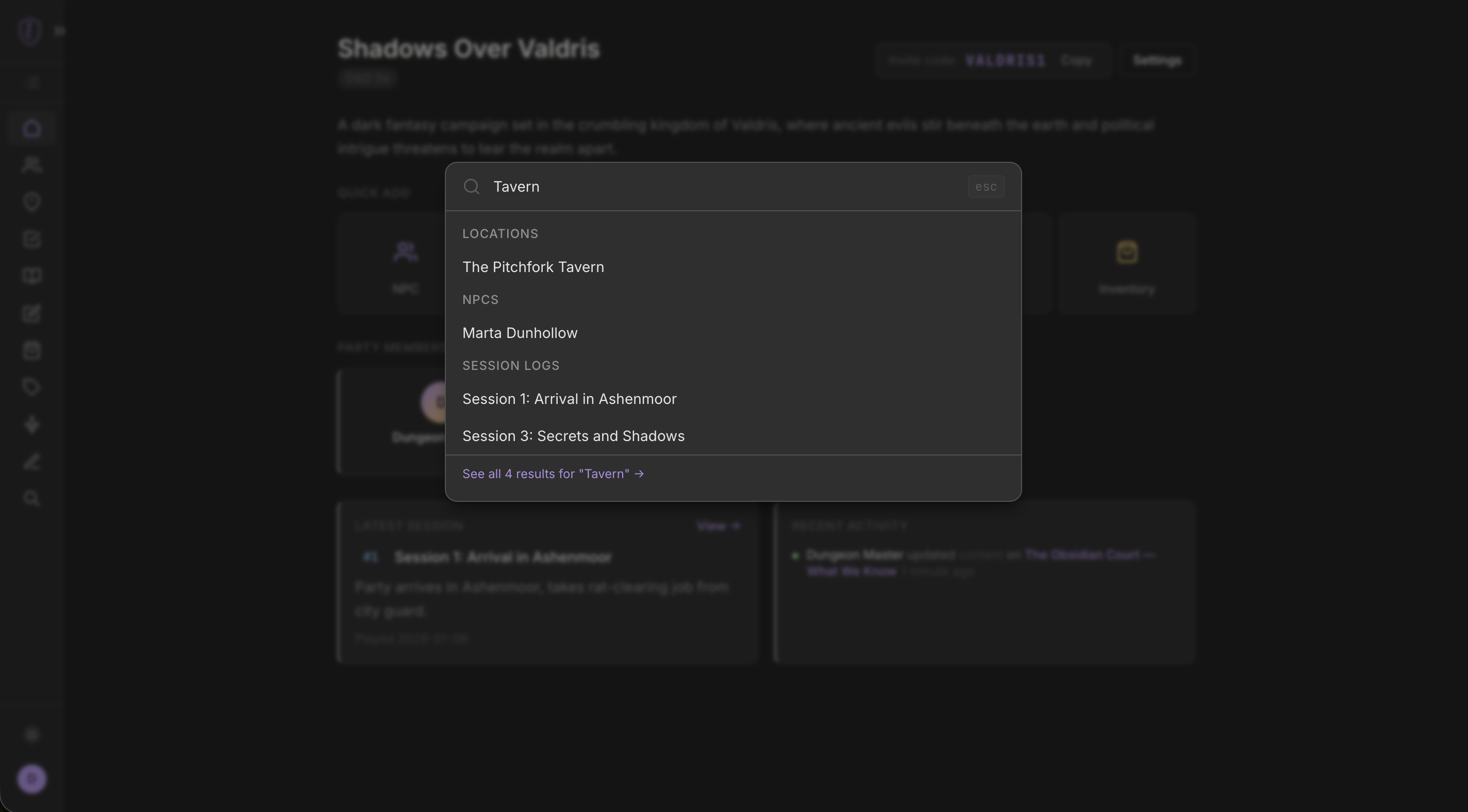 Search results for Tavern showing locations, NPCs, and sessions