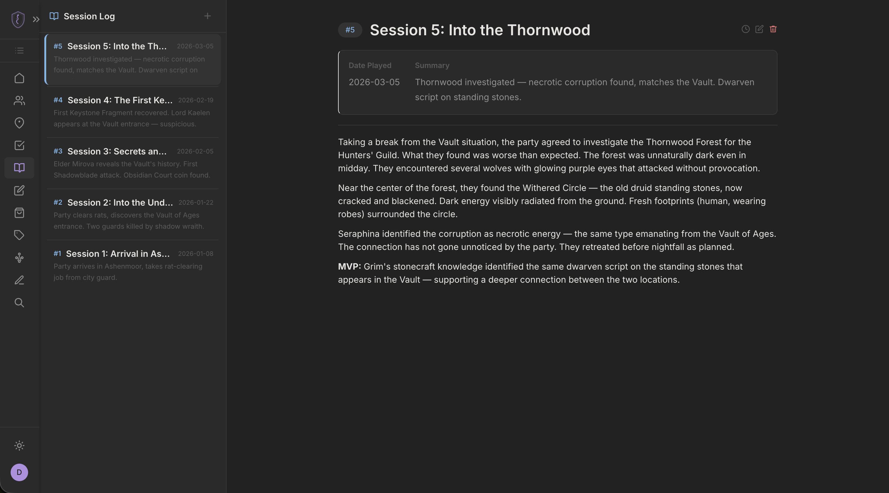 Session detail view showing recap with linked entities